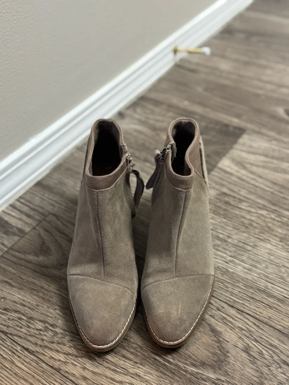 Women's Taupe Suede Ankle Bootie with Block Heel - Picture 2 of 4